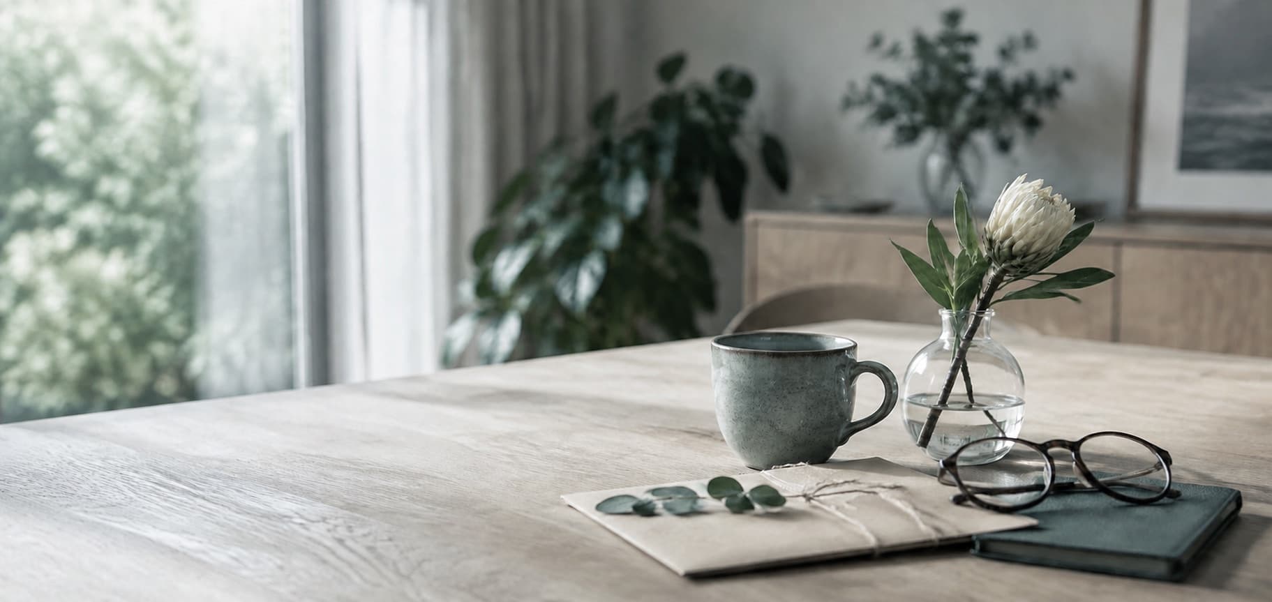 A calm home setting with an envelope and personal keepsakes