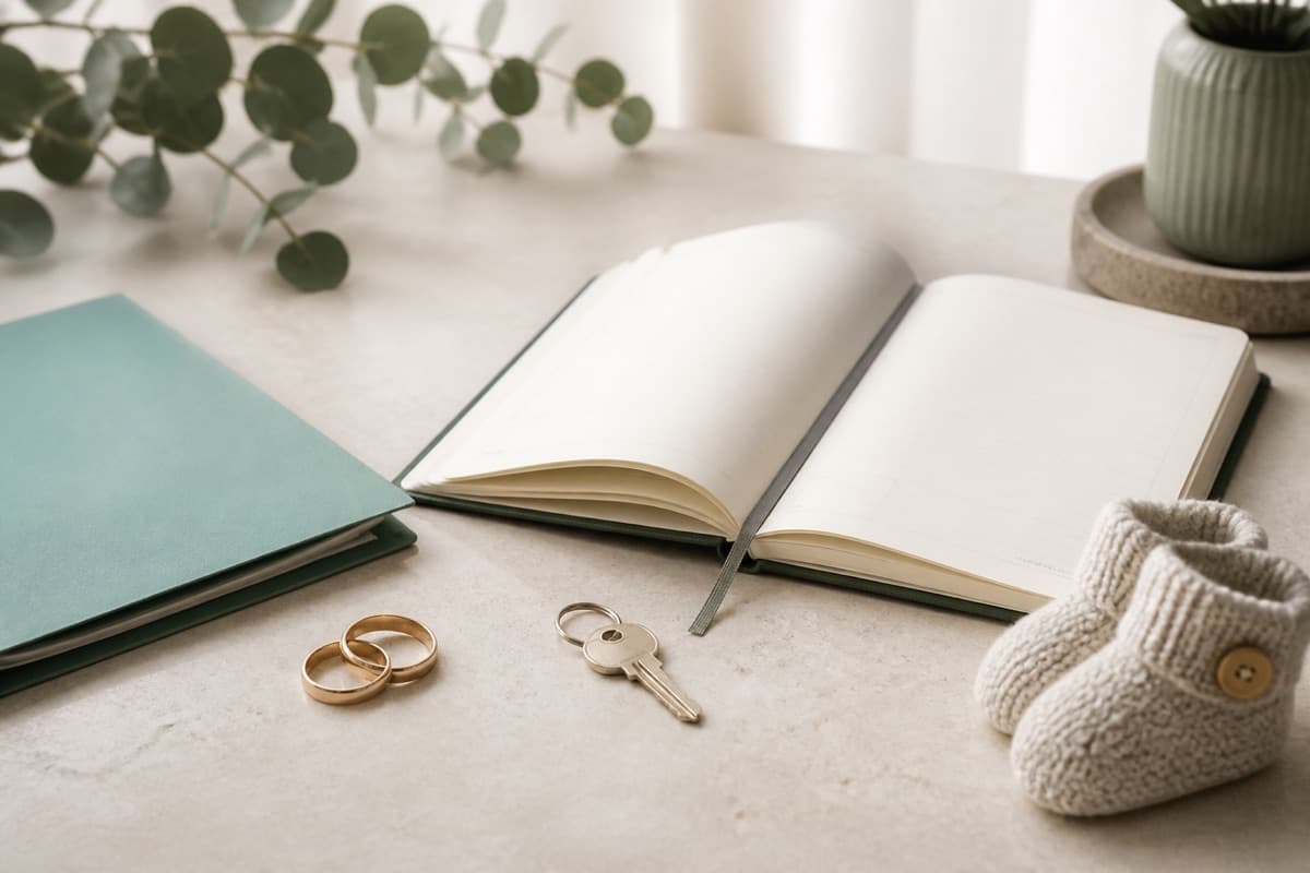 Life-event keepsakes arranged beside an open planner